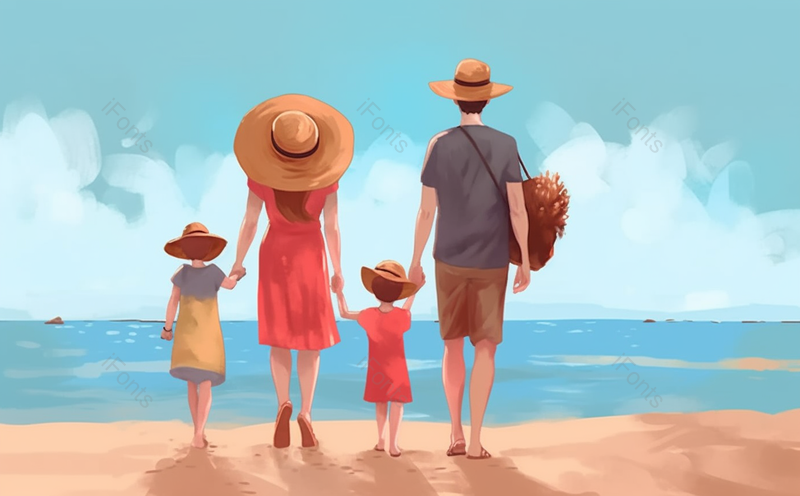 一家四口家庭海边度假清新插画,插画/手绘图,插画/手绘图库,插画/手绘图下载,插画/手绘